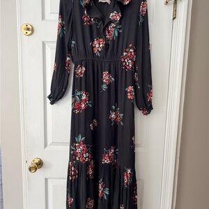 LOFT Charcoal Grey Maxi Dress with Pink & Green Floral Print